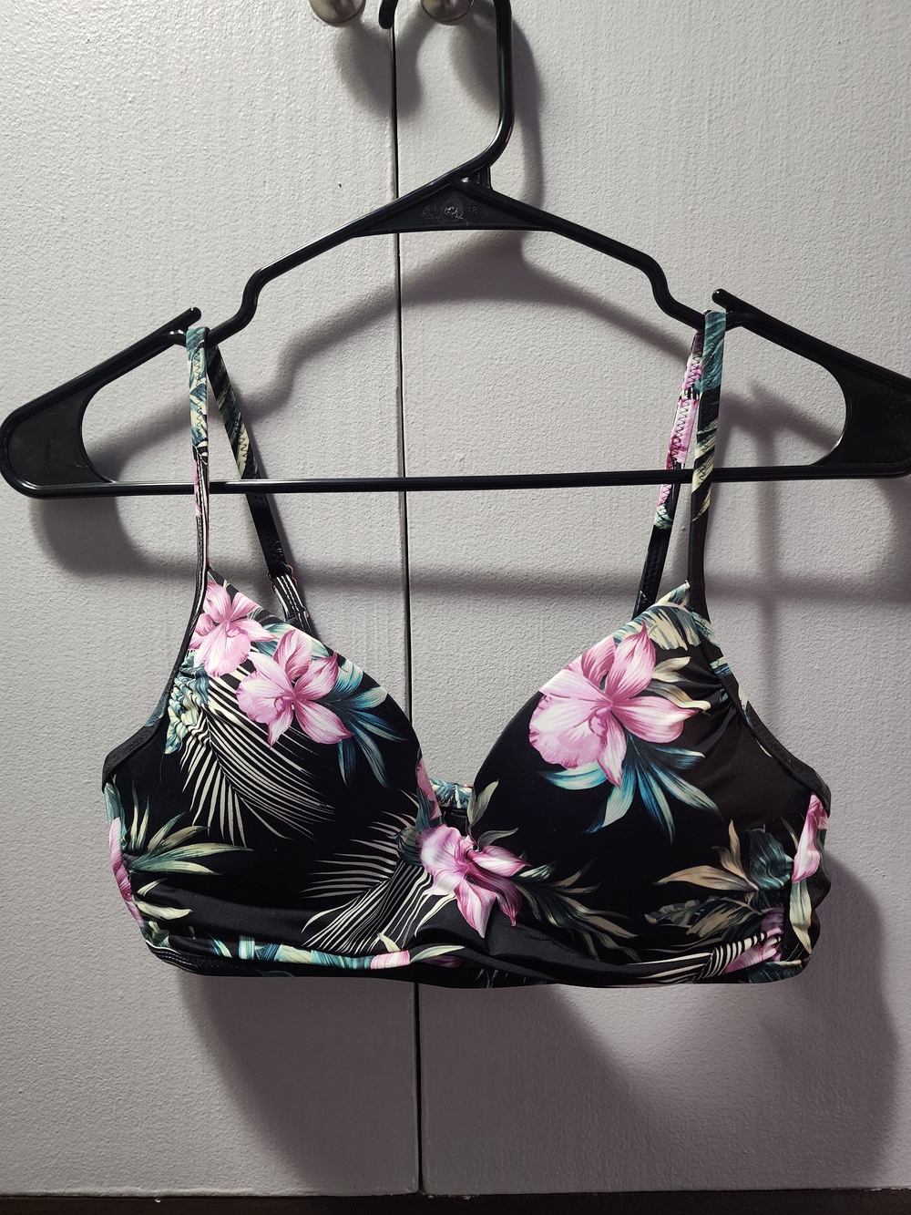 Shade & Shore Black Bikini Top with Pink Floral and Teal Leaves